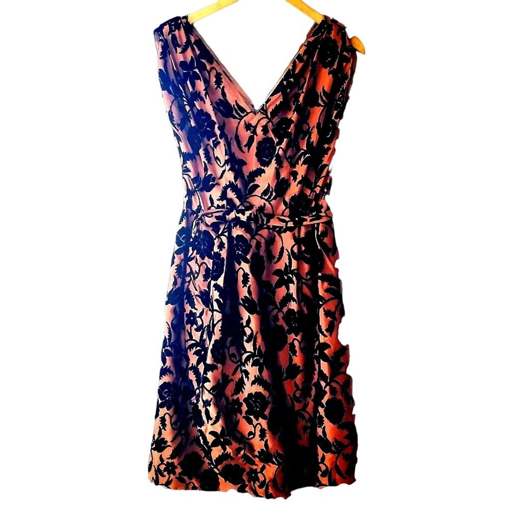 50s Cocktail Dress Cut Velvet Floral Copper Vintage I Magnin Modelique 24" Waist